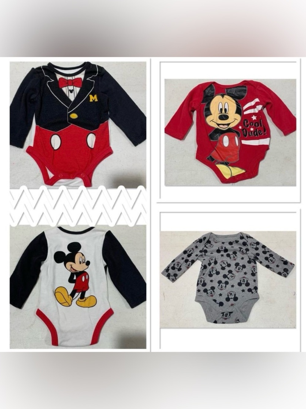 Bundle of Three Mickey Mouse boys 3/6 and 6 month long sleeve onesies
